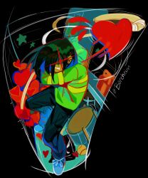 2others absurdres angry annoyed baseball black_pants blue_shoes borcheim box brown_hair chair clenched_teeth closet deltarune flying_sweatdrops gift gift_box glowing glowing_eyes green_sweater hair_over_one_eye heart heart-shaped_pillow highres holding_hockey_stick horizontal-striped_clothes hunched_over kris_(deltarune) motion_lines multiple_others pants pillow red_eyes shoes spoilers striped_clothes striped_sweater sweater swing teeth