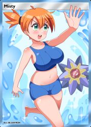 1girl absurdres bikini blue_bikini blue_eyes bluefrok blush breasts cleavage collarbone creatures_(company) game_freak gen_1_pokemon highres holding holding_poke_ball large_breasts looking_at_viewer midriff misty_(pokemon) navel nintendo orange_hair poke_ball pokemon pokemon_(creature) pokemon_frlg short_hair side_ponytail solo starmie swimsuit tongue water wristband