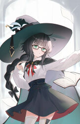 1girl absurdres black_hair black_skirt blunt_bangs commentary commission cowboy_shot english_commentary flying_paper green_eyes hat highres long_braid long_hair long_sleeves original paper parted_lips shirt skirt solo standing thighhighs usagi_(786113654) white_shirt white_thighhighs witch_hat