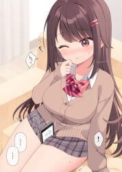 ! 1girl ^^^ artist_name blush bow bowtie breasts brown_cardigan brown_hair cardigan cellphone closed_mouth fang grey_eyes hair_ornament hairclip hand_to_own_mouth large_breasts long_hair looking_at_viewer mao-chan_(uramakaron) nose_blush notice_lines one_eye_closed original paid_reward_available phone plaid_clothes plaid_skirt red_bow red_bowtie red_pupils shirt simple_background sitting skin_fang skirt solo spoken_exclamation_mark sweatdrop thighs translation_request uniform uramakaron white_shirt