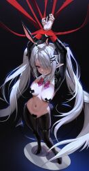1girl absurdres animal_ears bdsm black_shrug blue_archive bondage bound breasts collared_shrug crotchless crotchless_pantyhose dark-skinned_female dark_skin fake_animal_ears fake_tail frontless_outfit grey_hair hair_over_one_eye halo heart_maebari highres iori_(blue_archive) kkuni latex latex_legwear long_hair maebari meme_attire pantyhose pasties pointy_ears rabbit_ears rabbit_tail red_eyes red_rope restrained revealing_clothes reverse_bunnysuit reverse_outfit rope shibari shrug_(clothing) tail tape tape_on_nipples twintails