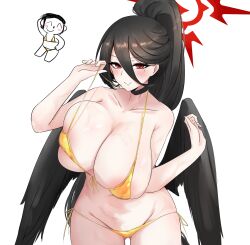 1boy 1girl alternate_costume bikini black_choker black_wings blue_archive breasts cheng_anderson choker doodle_sensei_(blue_archive) feathered_wings front-tie_bikini_top front-tie_top gold_bikini halo hasumi_(blue_archive) highres large_breasts low_wings micro_bikini mole mole_under_eye navel oversized_wings ponytail red_eyes red_halo sensei_(blue_archive) side-tie_bikini_bottom string_bikini swimsuit white_background wings