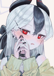 1girl absurdres black_bow black_hair black_horns black_nails blue_archive blush bow brown_jacket commentary_request coyote319514 demon_horns ear_piercing grey_hair hair_between_eyes hair_bow hair_ornament hairclip halo hands_up highres horns jacket kayoko_(blue_archive) kayoko_(dress)_(blue_archive) long_sleeves looking_at_viewer multicolored_hair official_alternate_costume official_alternate_hairstyle open_mouth own_hands_together piercing red_eyes simple_background solo sweat two-tone_hair white_background