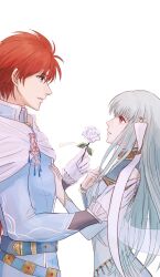 1537snow 1boy 1girl blue_hair commentary_request eliwood_(fire_emblem) eliwood_(marquess_pherae)_(fire_emblem) fire_emblem fire_emblem:_the_blazing_blade fire_emblem_heroes flower from_side hand_on_another&#039;s_arm hand_on_another&#039;s_chest highres holding holding_flower long_hair looking_at_another ninian_(fire_emblem) nintendo official_alternate_costume red_eyes red_hair rose short_hair simple_background standing white_background white_flower white_rose