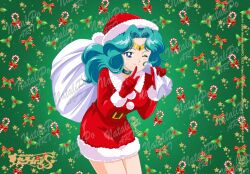 1990s_(style) 1girl bag belt belt_buckle bishoujo_senshi_sailor_moon buckle candy candy_cane christmas dress finger_to_mouth food gift_bag gloves hat holly kaiou_michiru looking_at_viewer miniskirt npo_art one_eye_closed retro_artstyle sack sailor_neptune santa_costume santa_dress santa_gloves santa_hat shushing skirt smile tiara wavy_hair wink