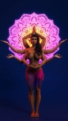 1girl 3d abs blue_background breasts brown_hair dark-skinned_female dark_areolae dark_skin earrings exotic freyr full_body highres hoop_earrings indian_style jewelry large_areolae large_breasts long_hair looking_at_viewer muscular nipples original own_hands_together pinup_(style) pussy see-through_clothes see-through_skirt self-upload sitting skirt solo standing topless_female watermark web_address
