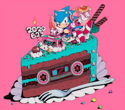 1boy aimf alternate_costume animal_ears animal_nose arm_up artist_name birthday blue_fur blue_hair body_fur boombox cake cake_slice candle cassette_tape chili_dog closed_mouth cream crown dated english_text fire food food_focus fork fruit furry furry_male gloves green_eyes half-closed_eye hand_on_own_cheek hand_on_own_face hand_up happy head_rest headphones hot_dog in_food jacket long_sleeves looking_at_viewer male_focus mini_crown mini_person miniboy mint open_clothes open_jacket outstretched_arm pink_background pink_jacket raglan_sleeves red_shoes ring_(sonic) shoes signature simple_background smile socks solo sonic_(series) sonic_the_hedgehog spiked_hair sprinkles strawberry tongue tongue_out twitter_username uneven_eyes wafer_stick white_gloves white_sleeves white_socks
