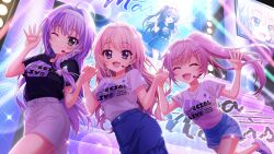 4girls :d ahoge black_shirt blonde_hair blue_eyes blue_shorts blue_skirt bow braid breasts brown_hair closed_eyes closed_mouth clothes_writing crown_braid denim denim_skirt dot_nose dutch_angle film_grain game_cg green_eyes group_name hair_bow hair_intakes hair_ornament hair_ribbon hairband hairclip hands_up headset high_ponytail himura_nagisa hokaze_kanade holding_hands izumi_tsubasu lens_flare long_hair looking_at_viewer medium_breasts mole mole_under_each_eye mole_under_eye multiple_girls multiple_moles non-web_source official_art one_eye_closed open_mouth outstretched_arm pencil_skirt pink_hair ponytail purple_eyes purple_hair re:stage! ribbon screen shikimiya_aone shiratori_amaha_(re:stage!) shirt shoes shorts skirt smile sparkle stage stage_lights stairs standing standing_on_one_leg swept_bangs t-shirt tied_shirt waving white_bow white_footwear white_hairband white_ribbon white_shirt white_skirt