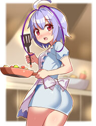 Rule 34 | 1girl, ahoge, antenna hair, apron, arms up, ass, azure striker gunvolt, azure striker gunvolt 1, bare legs, blurry, blurry background, blush, commission, cooking, cougar (cougar1404), food, from behind, frying pan, holding, holding frying pan, holding spatula, joule (gunvolt), looking at viewer, medium hair, multicolored hair, open mouth, purple hair, red eyes, skeb commission, solo, spatula, two-tone hair, upper body