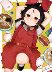 1girl ascot backpack bag black_footwear black_hair black_trim brown_eyes buta_thunder_(vocaloid) child closed_mouth commentary dango dress expressionless flute food forehead hair_bobbles hair_ornament highres instrument kaai_yuki lying paper pig pinafore_dress randoseru recorder red_ascot red_bag red_dress shirt short_twintails sleeveless sleeveless_dress socks solo soup twintails vocaloid wagashi white_shirt white_socks xylophone yukisaka_zero