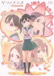 4girls acorn aoba_kokona autumn_leaves black_hair brown_hair color_halftone cover dvd_cover glasses green_eyes grey_hair hair_ornament hairclip highres holding_acorn kuraue_hinata leaf looking_at_viewer maple_leaf matsuo_yuusuke multiple_girls official_art purple_eyes red_eyes saitou_kaede_(yama_no_susume) school_uniform smile twintails yama_no_susume yukimura_aoi
