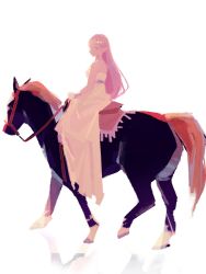 1girl bare_shoulders black_horse bracer breasts dress highres holding holding_reins horseback_riding long_dress long_hair looking_at_viewer manodemarina medium_breasts nintendo parted_bangs pointy_ears princess_zelda reins riding solo strapless strapless_dress the_legend_of_zelda the_legend_of_zelda:_breath_of_the_wild white_background white_dress