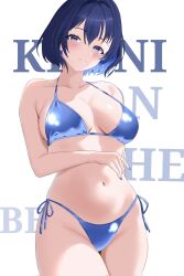 1girl bikini blue_bikini blue_eyes blue_hair blue_nails blush bow bow_earrings breasts breasts_apart colored_inner_hair commentary corrupted_twitter_file cowboy_shot earrings embarrassed english_commentary english_text groin halterneck highleg highleg_bikini highres hololive hololive_english jewelry large_breasts looking_at_viewer minovis multicolored_hair nail_polish navel ouro_kronii shiny_clothes short_hair side-tie_bikini_bottom simple_background solo stomach string_bikini swimsuit thick_thighs thighs virtual_youtuber white_background