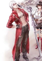 Rule 34 | 1boy, 1girl, black gloves, black hair, boots, brown gloves, coat, dante (devil may cry), devil may cry, devil may cry (series), devil may cry 3, fingerless gloves, gloves, hands on own hips, highres, lady (devil may cry), looking at viewer, midriff, no shirt, pants, planted, planted sword, planted weapon, rebellion (sword), red coat, scar, scar on face, scar on nose, shirt, sword, wakewaka ran, weapon, white hair, white shirt