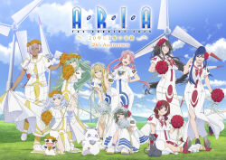Rule 34 | 6+girls, aika granzchesta, aino ai, akira ferrari, alice carroll, alicia florence, anya dostoyevskaya, aqua eyes, aqua hair, aria (manga), aria company uniform, aria pokoteng, arm up, athena glory, azusa mclaren, black cat, black hair, blonde hair, blue bow, blue bowtie, blue eyes, blue hair, boots, bow, bowtie, braid, braided ponytail, brown eyes, brown hair, cat, closed eyes, cloud, cloudy sky, copyright name, copyright notice, dark-skinned female, dark skin, day, dress, eyelashes, flower, full body, gold trim, grass, green hair, grey hair, hair between eyes, hair flower, hair ornament, hand up, hands up, high heels, highres, hime granzchesta, himeya company uniform, impossible clothes, impossible dress, itou youko, kneeling, leaning forward, logo, long hair, looking at viewer, mizunashi akari, multiple girls, necktie, official art, on ground, open mouth, orange flower, orange planet uniform, outdoors, parted bangs, pink hair, president maa, promotional art, red bow, red bowtie, red flower, rose, sailor, short hair, short sleeves, side slit, sitting, sky, smile, standing, very long hair, white cat, white dress, white flower, wind turbine, windmill, yellow necktie