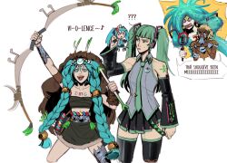 1boy 3girls ? ?? ancient_greek_clothes anger_vein apollo_(hades) aqua_eyes aqua_hair armor arrow_(projectile) artemis_(hades) artemis_(hades)_(cosplay) blonde_hair bow_(weapon) braid chibi colored_sclera cosplay costume_switch crossover dark_skin detached_sleeves english_text grace_kim_(ryuuna) greco-roman_clothes green_eyes green_hair hachune_miku hades_(series) hades_2 handkerchief_biting hatsune_miku hatsune_miku_(cosplay) headphones highres laurel_crown microphone multiple_girls open_mouth pleated_skirt red_sclera scylla_(hades) sharp_teeth skirt smile spring_onion tears teeth tentacle_hair thighhighs twin_braids twintails vocaloid weapon