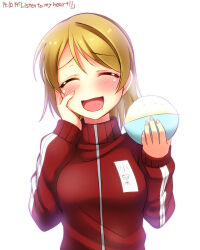 1girl blush bowl brown_hair closed_eyes commentary_request dated drooling hand_on_own_cheek hand_on_own_face highres holding holding_bowl jacket koizumi_hanayo long_sleeves love_live! open_mouth rice rice_bowl short_hair smile solo track_jacket translation_request upper_body yu-ta