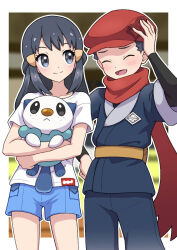1boy 1girl :&lt; akari_(pokemon) bag beret black_hair black_sleeves blue_eyes blue_pants blue_shorts blush border brown_sash closed_eyes closed_mouth commentary crossed_arms galaxy_expedition_team_survey_corps_uniform gen_5_pokemon hair_ornament hand_on_headwear hand_on_own_hip hand_up hanten_(clothes) hat highres holding holding_pokemon japanese_clothes long_hair looking_at_another looking_to_the_side nintendo obi open_mouth oshawott outside_border pants pokemon pokemon_(creature) pokemon_legends:_arceus red_hat red_scarf rei_(pokemon) sash satchel scarf shirt short_hair shorts sideways_glance smile standing white_border white_shirt yuu_(jgvj7873)