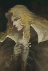 1boy absurdres alucard_(castlevania) black_coat black_jacket blonde_hair castlevania_(series) chain closed_mouth coat collared_coat curtained_hair gloves high_collar highres holding holding_chain jacket long_hair looking_ahead male_focus meniete parted_bangs solo upper_body white_gloves wing_collar yellow_eyes