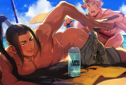 Rule 34 | 2boys, abs, arm up, ass, beach, beach towel, beach umbrella, black hair, blonde hair, blue eyes, brown eyes, chest tattoo, cloud, collarbone, commentary request, ear piercing, earrings, facial mark, facial scar, fingernails, forehead mark, forked eyebrows, hair intakes, highres, holding, holding removed eyewear, jamie siu, jewelry, licking lips, long hair, looking at ass, lotion bottle, luke sullivan, male focus, male swimwear, male swimwear pull, mattaripp, motoyui, multiple boys, multiple scars, muscular, muscular male, necklace, nipples, ocean, official alternate costume, open mouth, outdoors, pectorals, piercing, scar, scar on cheek, scar on face, shiny skin, shoulder tattoo, sky, star (symbol), street fighter, street fighter 6, summer, sweat, swim trunks, tattoo, teeth, tongue, tongue out, topless male, towel, twitter username, umbrella, unworn eyewear, unworn jewelry, unworn necklace, very long hair, water, yaoi