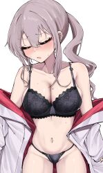 1girl absurdres ar-57_(girls&#039;_frontline) black_bra black_panties blush bra breasts cleavage closed_eyes collarbone embarrassed girls&#039;_frontline grey_hair highres jacket kuzumotsu lace large_breasts long_hair mole mole_on_breast navel nose_blush open_clothes panties popped_button sidelocks solo sweat underwear
