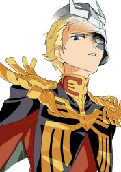 Rule 34 | 1boy, blonde hair, blue eyes, char aznable, commentary request, epaulettes, fading, glaring, gundam, gundam gquuuuuux, helmet, highres, jacket, looking at viewer, male focus, mask, military, military uniform, open mouth, red jacket, short hair, simple background, solo, upper body, white background, yy shibata, zeon
