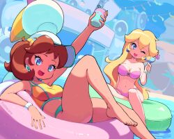 2girls absurdres bandeau bikini blonde_hair blue_eyes breasts brown_hair can cleavage crop_top earrings flower_earrings foxdropsdraws hair_ornament hat highres holding holding_can innertube jewelry long_hair looking_at_viewer mario_(series) mario_kart mario_kart_world midriff multiple_girls navel nintendo official_alternate_costume one_eye_closed open_mouth orange_sports_bra outdoors pink_bandeau pink_bikini ponytail princess_daisy princess_daisy_(swimwear)_(mario_kart_world) princess_peach princess_peach_(swimwear) shorts sky smile sphere_earrings sports_bra stomach strapless strapless_bikini super_mario_odyssey swim_ring swimsuit water white_hat yellow_bikini yellow_shorts yellow_sports_bra