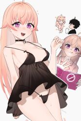 1boy 1girl ahoge anger_vein arm_behind_back babydoll beijuu bell black_babydoll black_panties book breasts hashtag-only_commentary highres holding holding_book jingle_bell long_hair looking_at_viewer medium_breasts multiple_views neck_bell open_mouth otogi_morihito pajamas panties pink_hair pink_pajamas pink_shirt pink_shorts purple_eyes shirt shorts simple_background smile sparkle string_panties sweat teeth tongue tongue_out underwear upper_teeth_only wakatsuki_niko white_background witch_watch