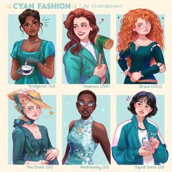 Rule 34 | 6+girls, addams family, aqua coat, aqua dress, aqua eyeshadow, aqua gloves, aqua suit, aqua theme, asian, bianca barclay, black hair, blonde hair, brave (pixar), breasts, bridgerton, brown hair, cleavage, coat, commentary, copyright name, curly hair, dark-skinned female, dark skin, dress, empress catherine ii, english commentary, eyeshadow, fashion, gloves, green track suit, hat, heather duke, heathers, heathers (1989), highres, holding, jewelry, kang sae-byeok, kate sharma, long hair, long sleeves, luztapiaart, makeup, merida (brave), multiple girls, necklace, orange hair, pregnant, ribbon, sequins, short hair, smile, squid game, sun hat, the great (series), track suit, very dark skin, very short hair, wavy hair, wednesday (netflix)