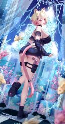 Rule 34 | 1girl, ahoge, animal ear fluff, animal ears, ass, bare shoulders, black gloves, black shorts, blonde hair, breasts, cat ears, cat girl, cat tail, checkered floor, commission, crystal, detached sleeves, dutch angle, eeyoosekedooaat, fingerless gloves, from behind, from side, full body, gloves, gun, handgun, highres, holster, indie virtual youtuber, large breasts, looking at viewer, looking back, momonya miyui, open mouth, pink hair, pink tail, revolver, short hair, short shorts, shorts, solo, tail, thigh holster, vgen commission, weapon