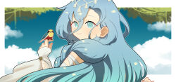 1girl 37_(down_in_the_grotto)_(reverse:1999) 37_(reverse:1999) absurdres bird bird_on_hand blue_eyes blue_hair blue_sky cape closed_mouth cloud daku_k detached_sleeves from_behind hair_between_eyes hair_ornament hand_up highres letterboxed long_hair looking_at_viewer looking_back outside_border plant reverse:1999 sky smile solo turning_head upper_body very_long_hair white_cape wide_sleeves