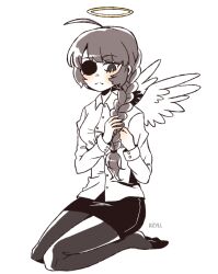 1girl angel angel_wings aryll_(marbles) black_pantyhose braid braiding_hair collared_shirt eyepatch funamusea genderswap genderswap_(mtf) grey_hair haiiro_teien hairdressing hall highres long_hair pantyhose shirt single_braid solo white_shirt wings wodahs_(funamusea)