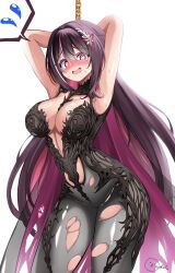 1girl @_@ arms_behind_head arms_up azki_(hololive) bad_id bad_twitter_id black_hair blush bodystocking breasts chronopattern_dress cleavage highres hololive inokeiwd large_breasts long_hair meme_attire multicolored_hair pink_hair simple_background solo speech_bubble spoken_sweatdrop streaked_hair sweatdrop tears torn_bodystocking torn_clothes very_long_hair virtual_youtuber white_background white_hair