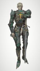 1boy absurdres armor blonde_hair boots breastplate closed_mouth cross dark_knight gauntlets glasgow_smile greaves green_eyes highres holding holding_sword holding_weapon knight latin_cross looking_at_viewer male_focus armored_boots mossacannibalis notched_ear original pauldrons short_hair shoulder_armor simple_background solo standing sword weapon white_background