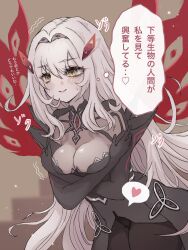 1girl arms_under_breasts black_dress black_pantyhose bodystocking breasts commentary_request dress genshin_impact hair_intakes headpiece heart highres leaning_forward long_hair medium_breasts pantyhose red_wings ronova_(genshin_impact) smile solo spoken_heart takumi_(user_xmwf4727) translation_request white_hair wings yellow_eyes