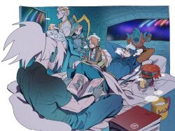 3girls 5boys asymmetrical_sleeves battle_bunny_riven bed blue_dress blue_hair blue_pants blue_shirt blush book closed_eyes cup dress eyepatch facial_hair facial_mark fever galaxy_slayer_zed gloves goggles hands_on_own_head headphones holding holding_cup hood ice_pack jinx_(league_of_legends) k/da_(league_of_legends) kayn_(league_of_legends) league_of_legends long_hair looking_afar looking_at_another lying magazine_(object) malphite multiple_boys multiple_girls odyssey_jinx odyssey_kayn odyssey_malphite odyssey_sona odyssey_yasuo odyssey_ziggs on_bed orange_hair pants ponytail pouring prosthesis prosthetic_arm reading riven_(league_of_legends) shirt sick sitting sona_(league_of_legends) space spacecraft star_guardian_(league_of_legends) tattoo tea thermometer twintails uneven_sleeves white_hair yasuo_(league_of_legends) zaket07 zed_(league_of_legends) ziggs