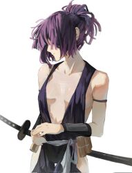 Rule 34 | 1girl, center opening, collarbone, g4rrel, highres, hip vent, japanese clothes, jigokuraku, katana, kimono, looking to the side, ponytail, purple hair, purple kimono, sheath, sheathed, simple background, solo, sword, weapon, white background, yuzuriha (jigokuraku)