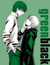 2boys coat commentary_request cowboy_shot denim english_text eye_contact from_side glasses green_background green_coat green_eyes green_hair green_pants green_theme hand_in_pocket hand_on_another&#039;s_face head_tilt height_difference hood hood_down hooded_coat jeans kain_(scoop_channel) kuroko_no_basuke kuroko_tetsuya light_smile lips long_sleeves looking_at_another male_focus midorima_shintarou multiple_boys pants parted_lips pointy_nose shirt short_hair simple_background standing white_shirt yaoi zipper