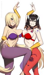 2girls black_hair blonde_hair bloodstained:_ritual_of_the_night bloodstained_(series) breasts brown_hair cleavage cosplay dominique_(bloodstained) glasses gradient_hair hair_over_one_eye highres large_breasts looking_at_viewer miriam_(bloodstained) multicolored_hair multiple_girls one_eye_covered revenantart shantae shantae_(cosplay) simple_background white_background
