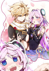 1boy 1girl absurdres aether_(genshin_impact) asymmetrical_sleeves blonde_hair blue_eyes blush carrying citlali_(genshin_impact) covered_navel detached_sleeves facial_mark flower foam_mustache forehead_mark genshin_impact hand_on_another&#039;s_shoulder highres holding holding_flower imagining leotard long_hair looking_at_another midriff open_mouth parted_bangs pink_hair princess_carry purple_leotard ribbed_leotard rose leotard smile sstthei triangle triangle_facial_mark yellow_eyes