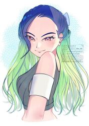 1girl bare_shoulders blue_hair blush breasts brown_eyes closed_mouth crop_top gradient_hair grey_shirt grey_sports_bra long_hair looking_at_viewer loose_hair_strand midriff multicolored_hair nintendo perrin_(pokemon) pokemon pokemon_sv ribbed_shirt shirt sleeveless sleeveless_shirt smile sports_bra star_dr0p undershirt upper_body
