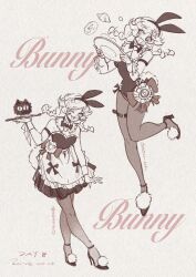 1girl abingbeey animal_ears apron artist_name badge bare_shoulders bunny_bunny_(reverse:1999) carbuncle_(reverse:1999) character_name creature crossed_legs dated detached_collar dress fake_animal_ears full_body grey_background greyscale high_heels highres holding holding_plate holding_tray leotard long_hair low_twintails medium_dress monochrome pantyhose plate pom_pom_footwear reverse:1999 signature sketch standing standing_on_one_leg strapless strapless_dress strapless_leotard thigh_strap tray twintails waist_apron wrist_cuffs