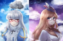 2girls blue_dress blue_sky breasts brown-framed_eyewear brown_hair closed_mouth cloud cloud_over_head commentary cross dress english_commentary game_master_(ragnarok_online) glasses grey_eyes grey_hair hat high_priest_(ragnarok_online) himitsu_(dark_nao) juliet_sleeves long_hair long_sleeves looking_at_viewer medium_breasts multiple_girls parted_lips plume puffy_sleeves purple_hat purple_sky ragnarok_online rain red-framed_eyewear sky smile two-tone_dress upper_body white_dress