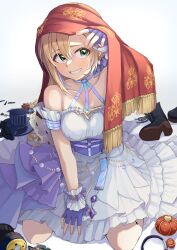 1girl absurdres bare_shoulders blush breasts brown_hair corset dress earrings fingerless_gloves frilled_dress frills from_above gloves green_eyes highres idolmaster idolmaster_cinderella_girls idolmaster_cinderella_girls_starlight_stage jewelry medium_breasts open_mouth purple_corset purple_gloves scarf_on_head shoes short_hair sitting smile solo tada_riina tomasen unworn_headwear unworn_shoes wariza white_dress