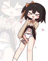 &gt;_&lt; 1girl :d black_hair black_skirt blush borrowed_character bow bow_panties brown_bow brown_sweater cameltoe cellphone closed_eyes clothes_lift collared_shirt facing_viewer feet_out_of_frame hair_between_eyes hana_kazari heart highres holding holding_phone lifting_own_clothes long_sleeves navel one_side_up open_mouth original panties phone phone_with_ears pleated_skirt puffy_long_sleeves puffy_sleeves school_uniform shirt simple_background skirt skirt_lift smile socks solo standing sweater underwear v-shaped_eyebrows white_background white_panties white_shirt white_socks xd zoom_layer