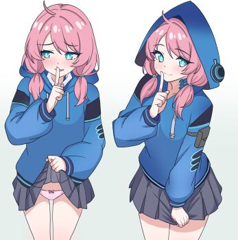 Rule 34 | 1girl, absurdres, alt text, arknights, averting eyes, black skirt, blue eyes, blue hoodie, blue poison (arknights), blush, bright pupils, closed mouth, clothes lift, commentary request, cowboy shot, drawstring, eggplant7217, embarrassed, finger to mouth, gradient background, grey background, highres, hood, hood down, hood up, hoodie, lifting own clothes, long sleeves, medium hair, miniskirt, multiple views, panties, pink hair, pink panties, pleated skirt, shushing, skirt, skirt lift, smile, standing, underwear, white background, white pupils