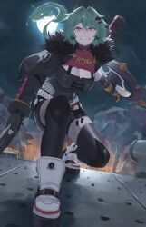 1girl absurdres angry arm_shield black_choker black_dress black_gloves black_thighhighs breasts caesar_king_(zenless_zone_zero) choker clenched_teeth dress fake_horns full_body full_moon fur_trim gloves green_hair hair_between_eyes hair_ornament highres holding holding_sword holding_weapon horns jacket knee_armor large_breasts liro moon night orange_eyes outdoors prosthesis prosthetic_arm red_shirt shield shirt short_hair sidelocks solo squatting sword teeth thighhighs weapon zenless_zone_zero