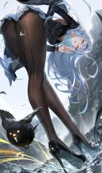 1girl absurdres arm_behind_back ass bird black_bird black_pantyhose black_shoes bodystocking breasts cleavage commentary english_commentary fine_fabric_emphasis grey_hair grey_sky high_heels highres long_hair long_sleeves looking_at_viewer looking_back official_alternate_costume outdoors pantyhose parted_lips patent_heels pumps ryugisa shoes sky stiletto_heels teeth upper_teeth_only very_long_hair water yellow_eyes yi_xuan_(trails_of_ink)_(zenless_zone_zero) yi_xuan_(zenless_zone_zero) zenless_zone_zero