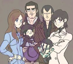 &gt;:( 2girls 4boys arms_up beard_stubble belt black_hair black_hat black_jacket black_shirt black_shorts blue_eyes blush_stickers brown_hair brown_suit buttons chibi closed_eyes coat crossed_arms demi-fiend denim_dress facial_hair formal_clothes grey_background hand_on_own_hip hat high_school!_kimengumi hijiri_jyouji hikawa_(megami_tensei) holding holding_unworn_clothes holding_unworn_hat jacket jewelry kobu_(cobosu) long_hair looking_at_viewer multiple_boys multiple_girls mustache_stubble nail_polish newsboy_cap nitta_isamu parody pink_eyes pink_nails ring shin_megami_tensei shin_megami_tensei_iii:_nocturne shirt short_hair shorts stubble style_parody suit sweatdrop tachibana_chiaki_(megami_tensei) takao_yuko topless_male turtleneck unworn_hat unworn_headwear v-shaped_eyebrows white_coat white_jacket