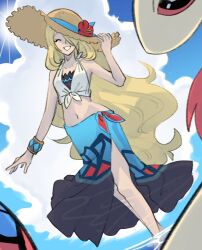 blonde_hair crop_top cynthia_(pokemon) gen_3_pokemon hair_over_one_eye hat milotic ocean sarong smile straw_hat